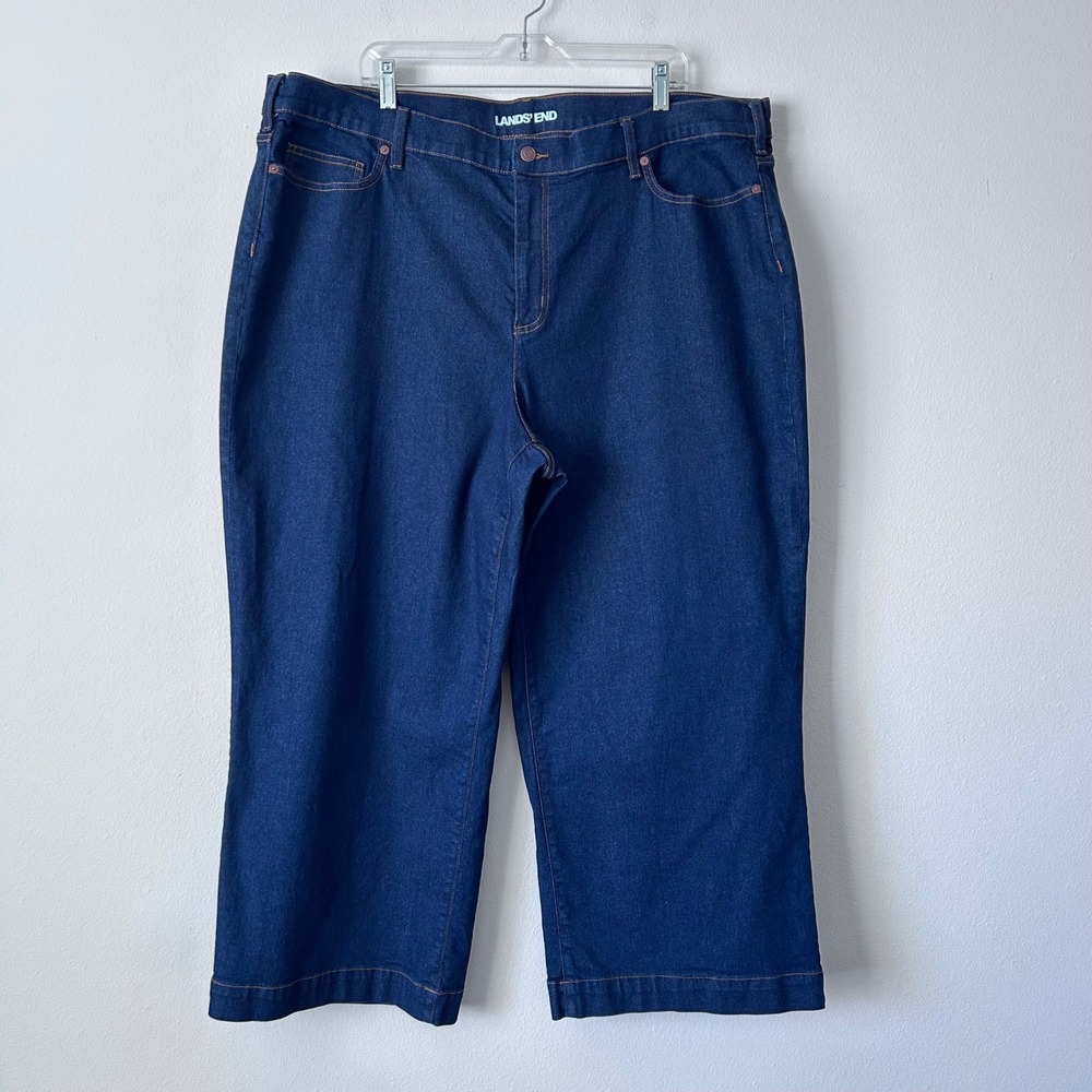 Lands End‎ Womens Dark Wash Cropped Wide Leg Jeans Size 26W